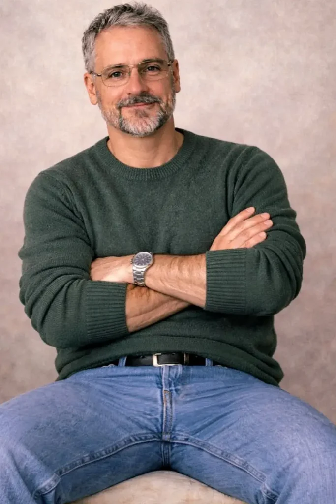 Forest Green Ribbed Sweater Over Classic Denim