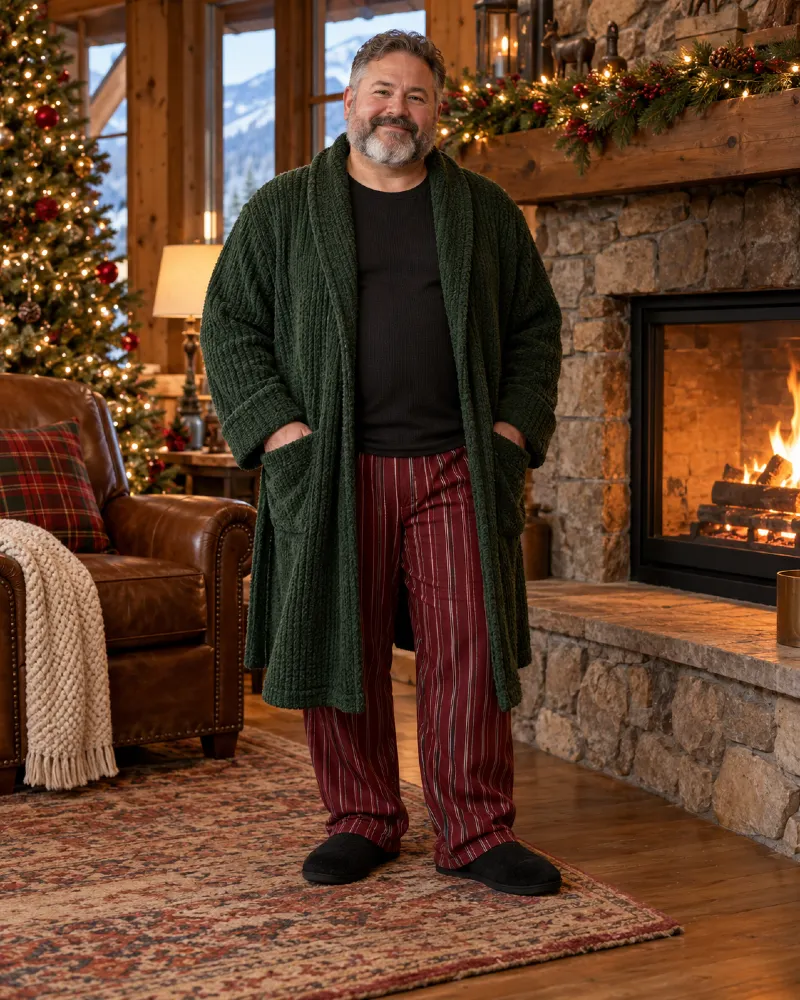 Forest Green Robe With Red Striped Pajama Pants