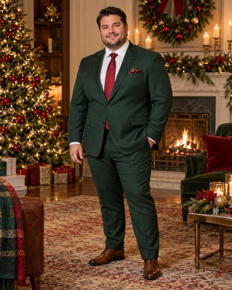 Forest Green Suit With a Red Tie and Brown Dress Shoes