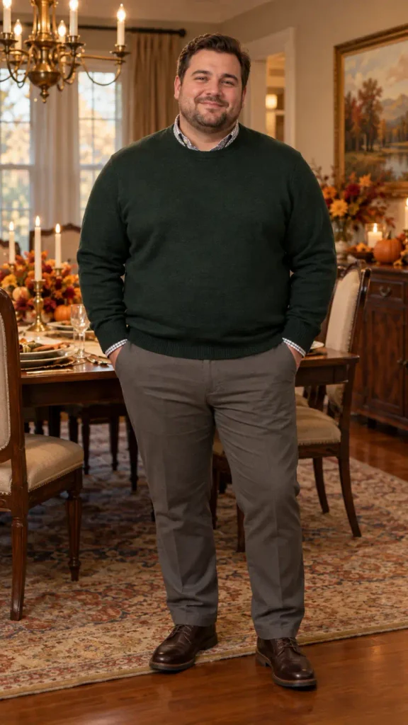 Forest Green Sweater and Tailored Taupe Trousers