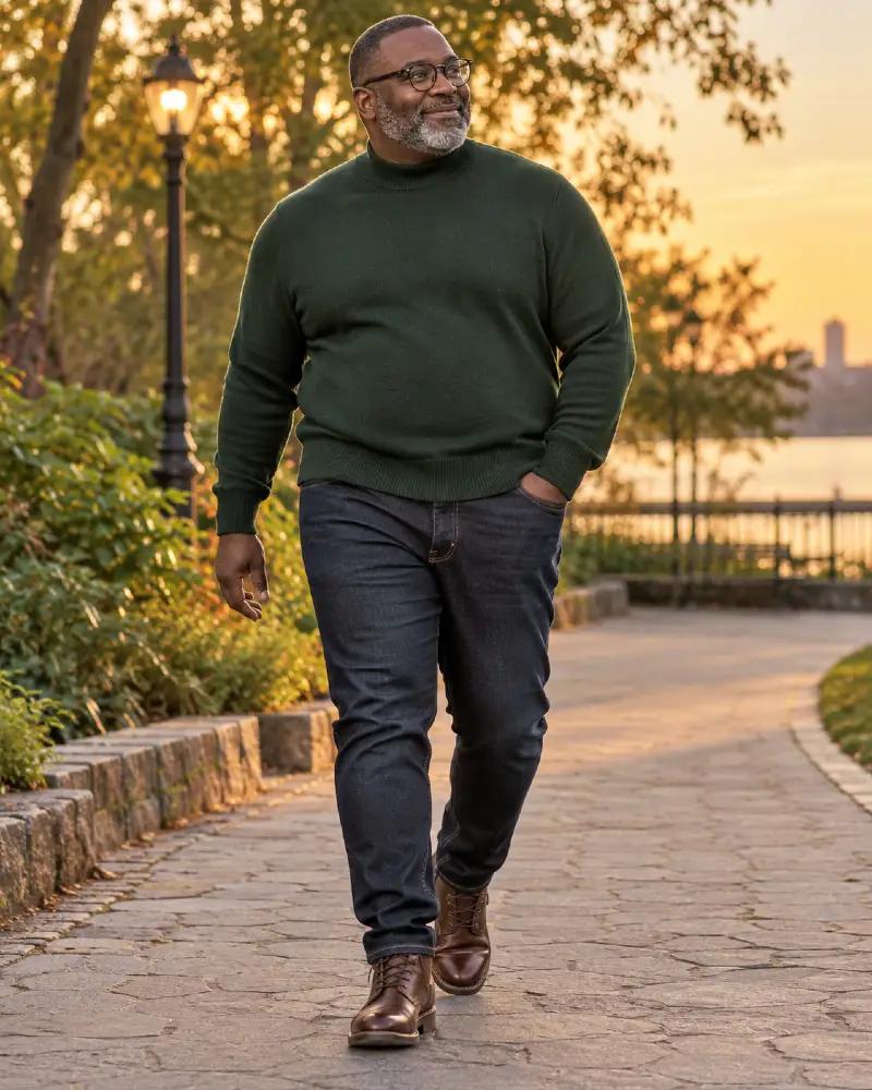 Forest Green Turtleneck and Rugged Dark Denim