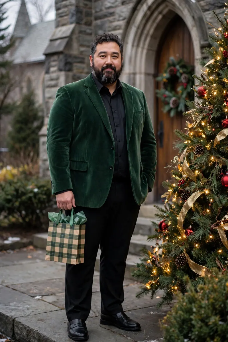Forest Green Velvet Blazer with Black Button-Down Shirt, Black Dress Trousers, and Black Penny Loafers