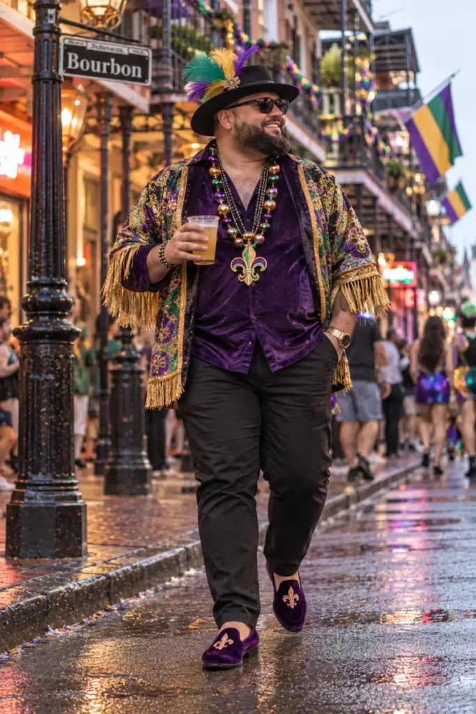 Fringed Velvet Cape Over Solid Purple Button Down