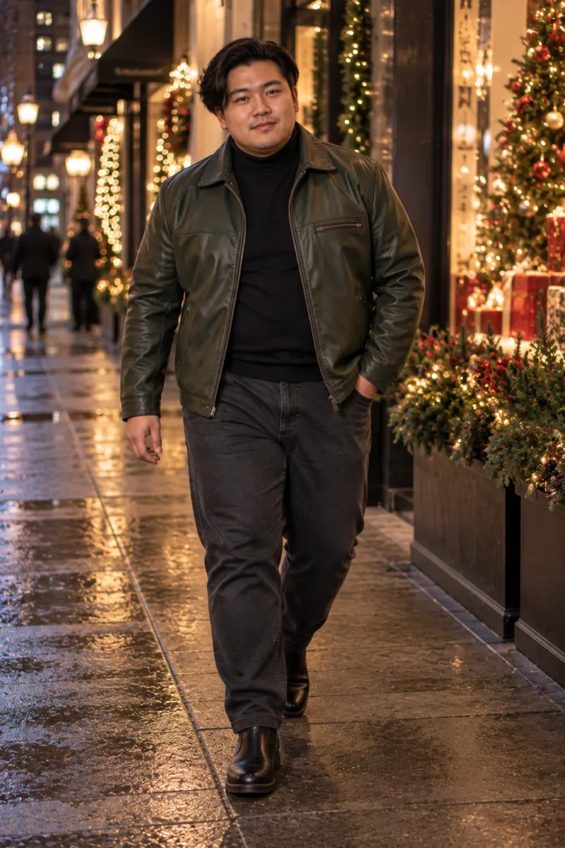 Give Christmas Green an Edge With a Leather Jacket