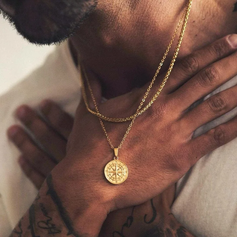 Gold Compass Pendant and Layered Chains