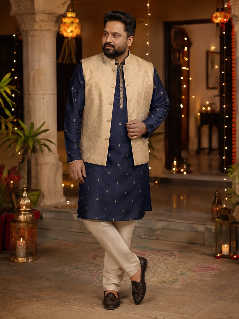 Gold Nehru Jacket with Dark Blue Kurta Pajama
