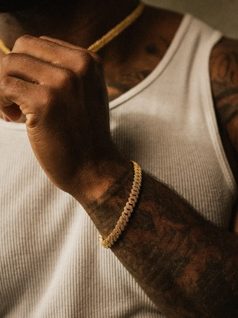 Gold Textured Cuban Link Chain, Bracelet, and White Tank Top