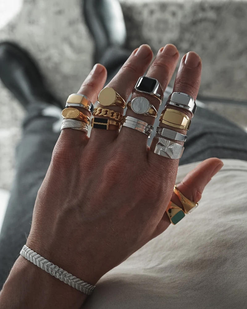Gold and Silver Signet Rings, Woven Bracelet, White T-Shirt, and Dark Pants