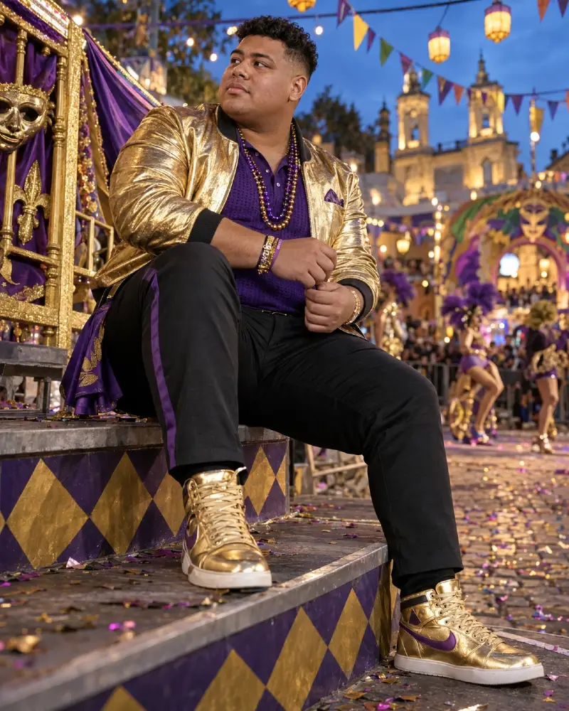 Golden Bomber and Dark Trousers Seated Look
