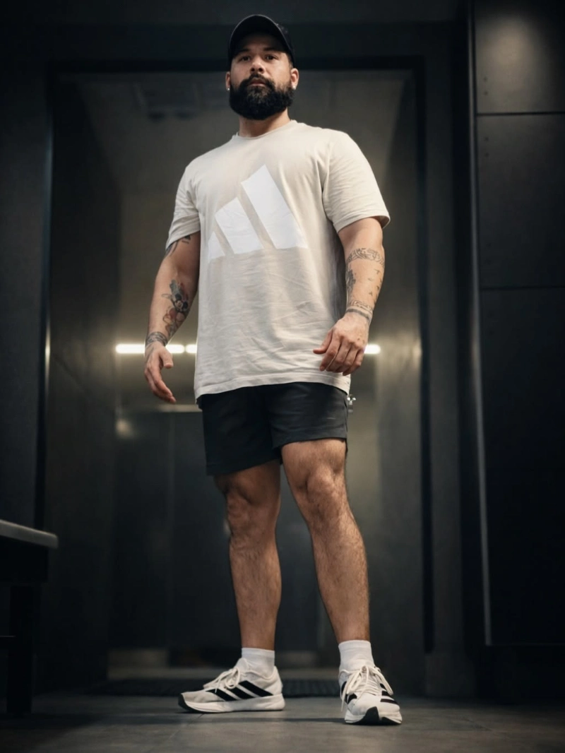 Graphic T-Shirt and Black Athletic Shorts