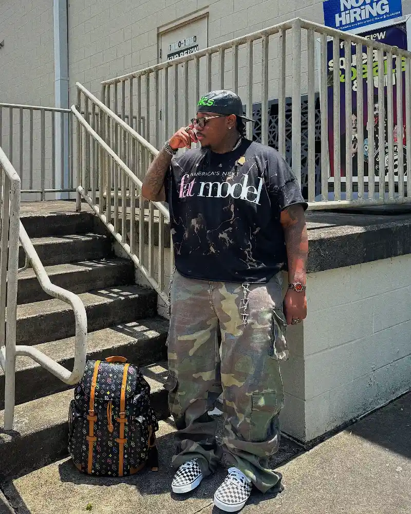 Graphic T-Shirt and Camouflage Cargo Pants