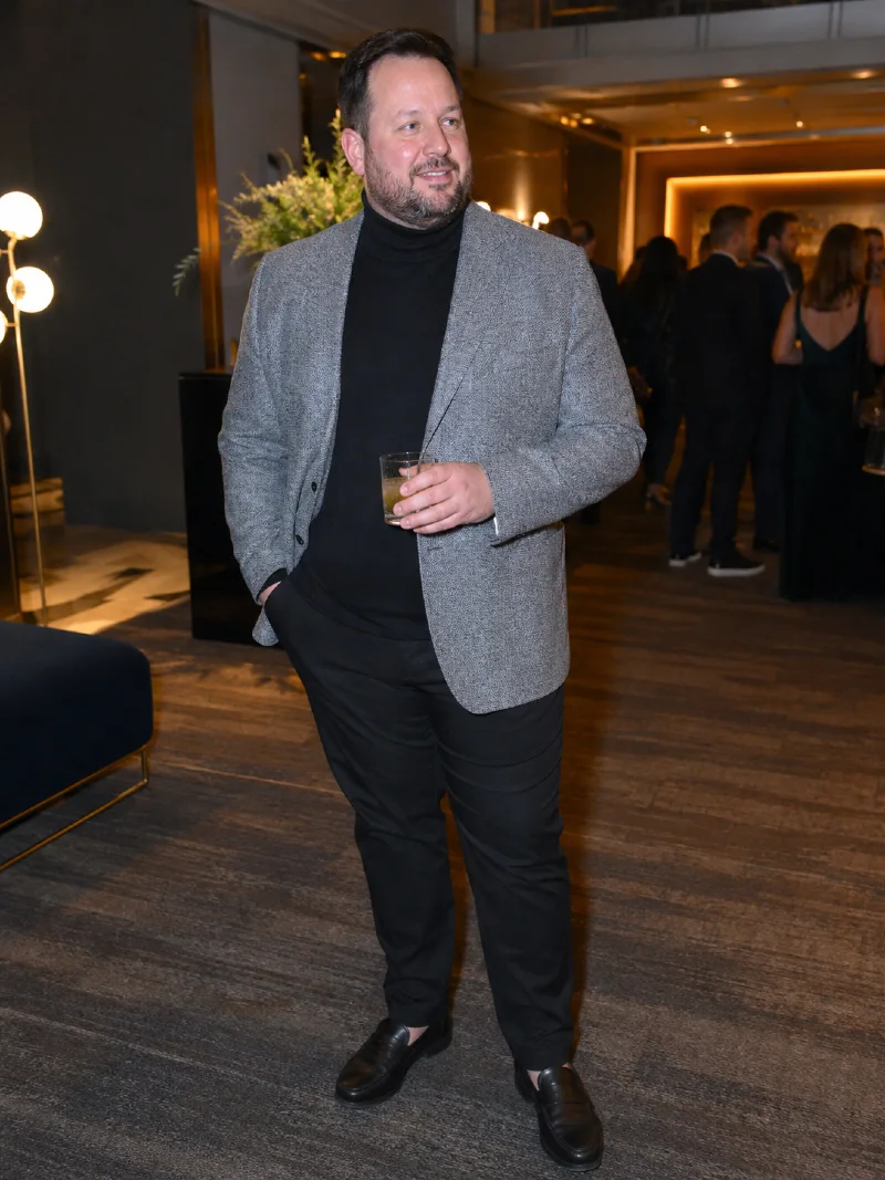 Gray Blazer With Black Turtleneck and Black Loafers