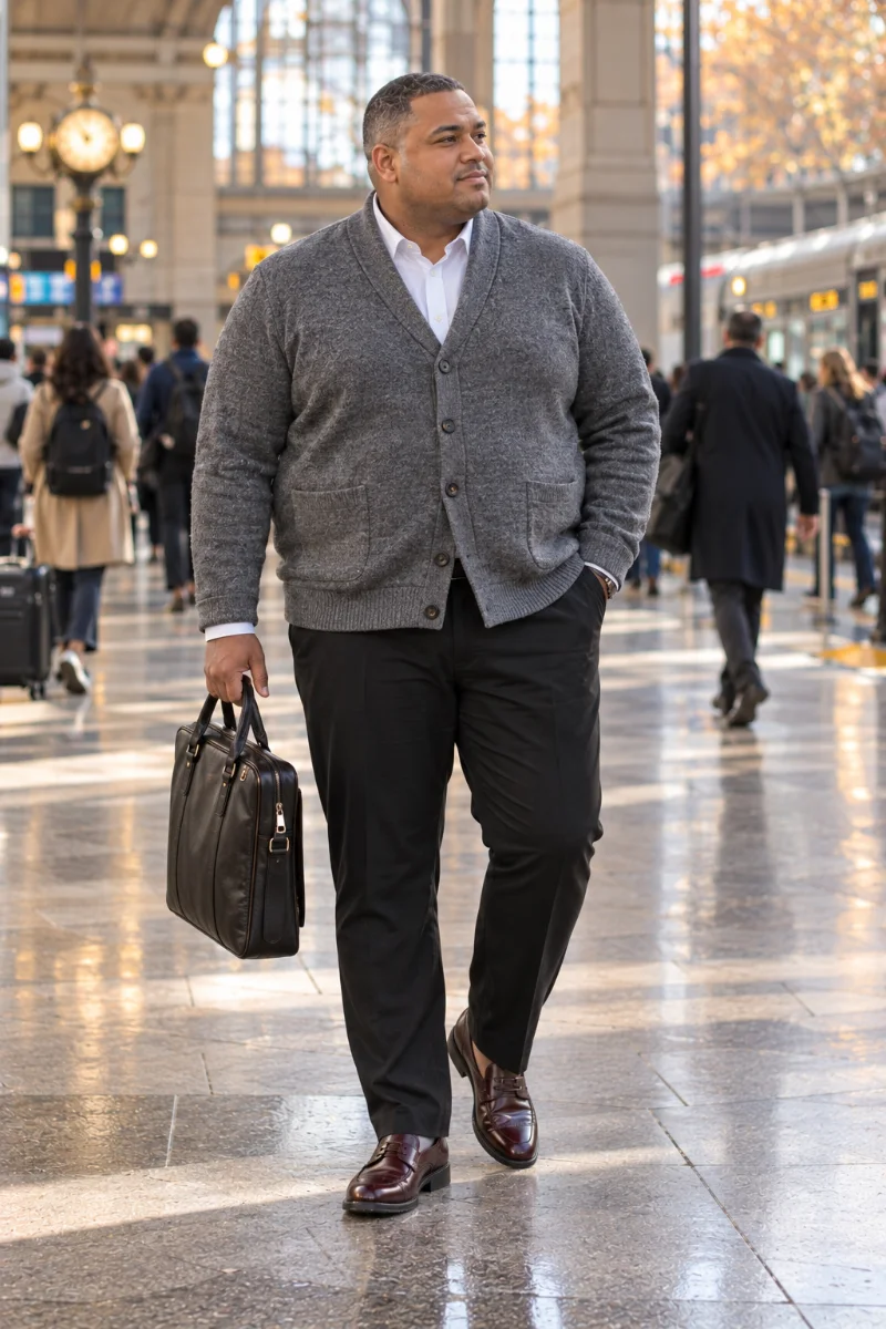 Gray Cardigan With White Shirt and Black Trousers