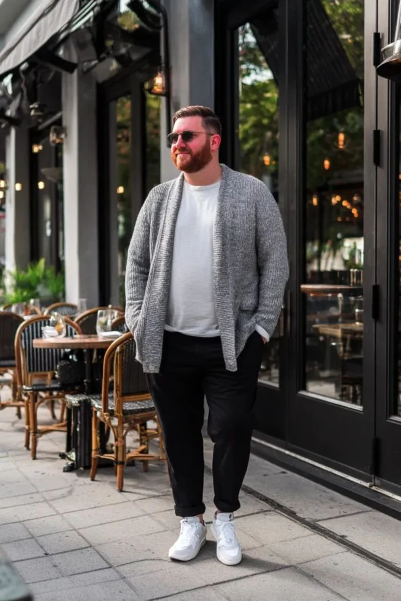 Gray Cardigan with Black Pants and White Sneakers