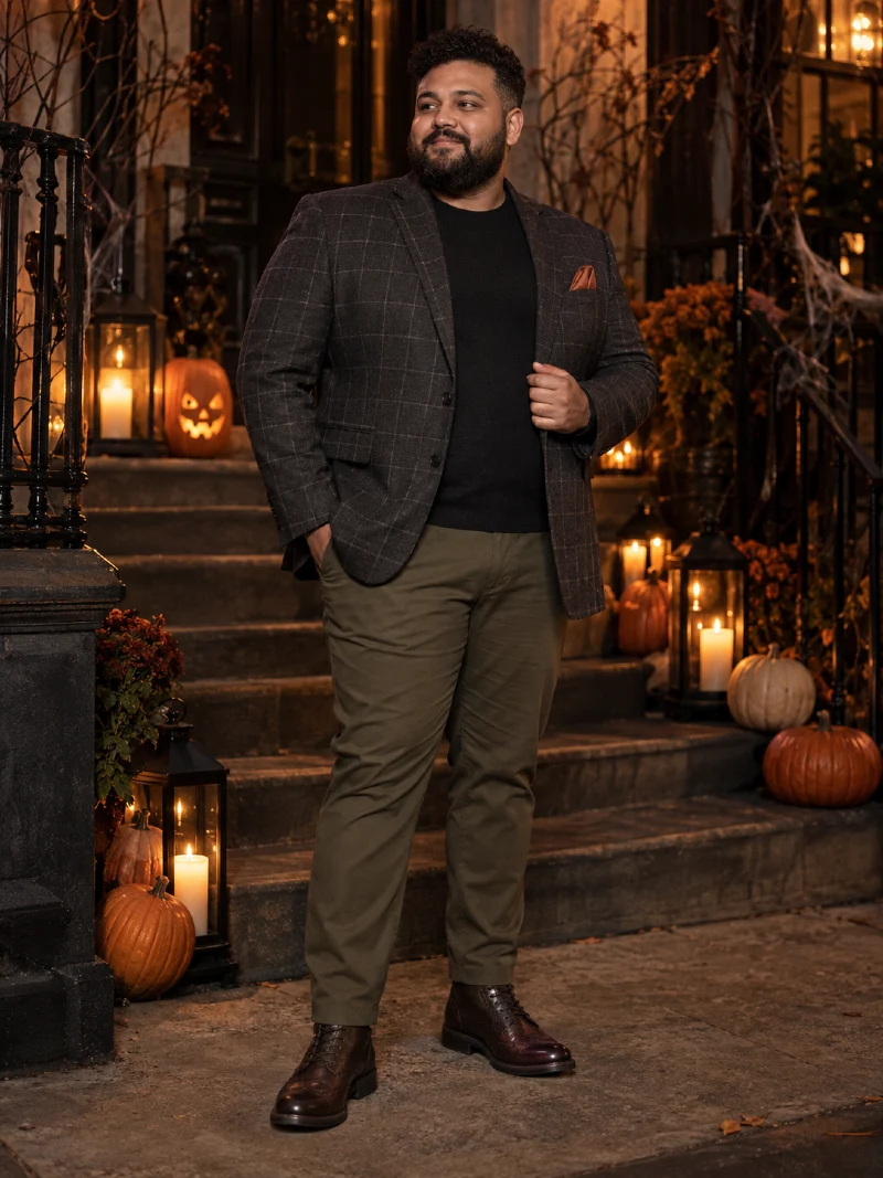 Gray Check Blazer With Black Sweater and Olive Trousers