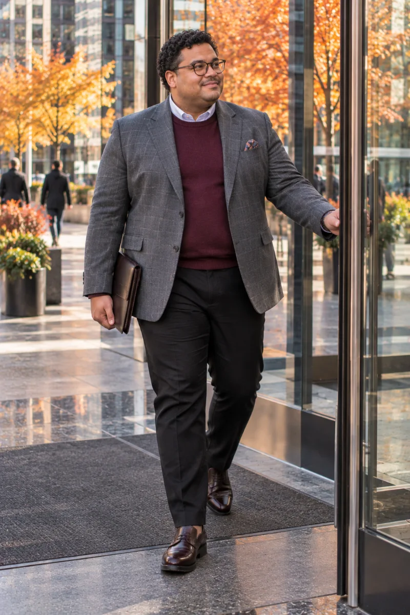 Gray Check Blazer With Burgundy Sweater and Black Trousers