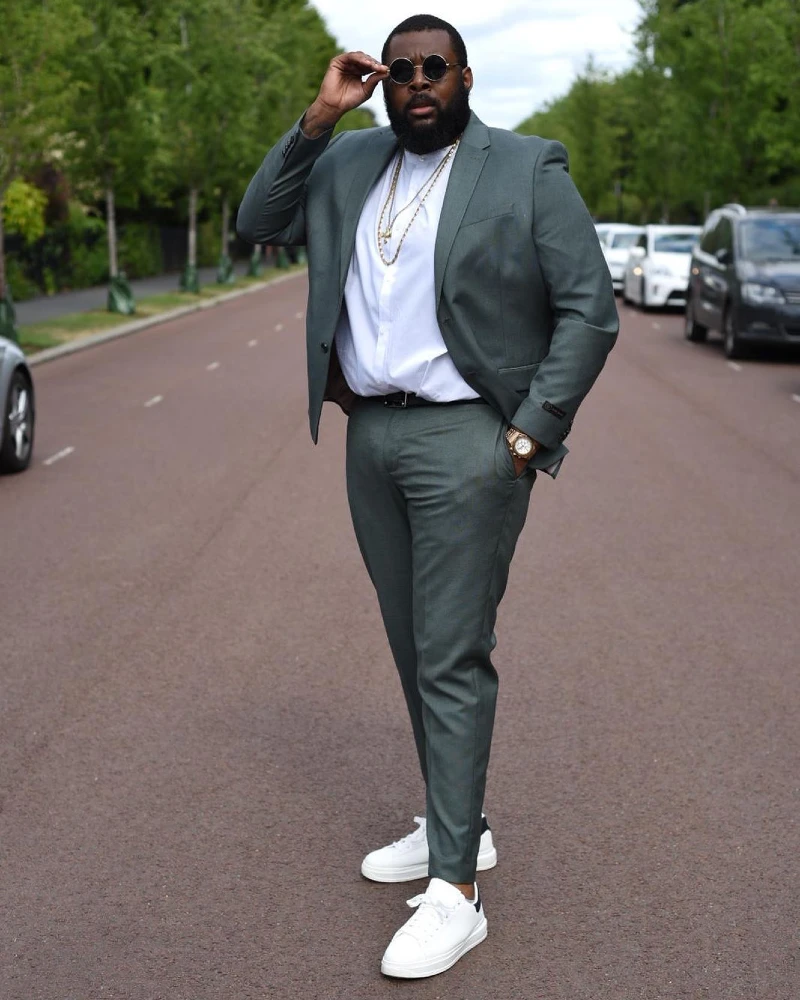 Gray Green Suit, White Shirt and White Sneakers
