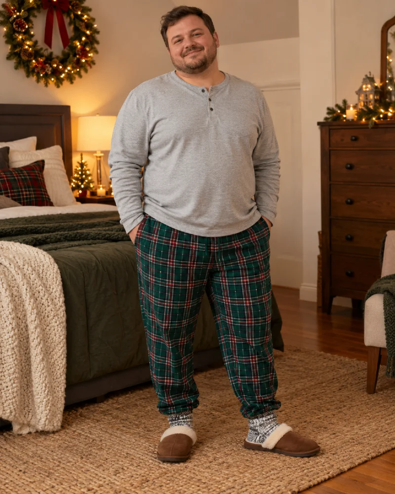 Gray Henley With Green Tartan Pajama Pants