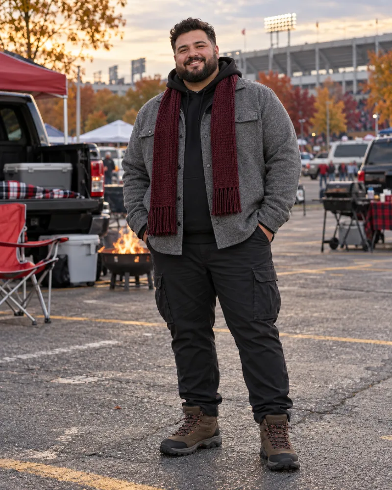 Gray Overshirt and Burgundy Scarf for a Tailgate Football Outfit
