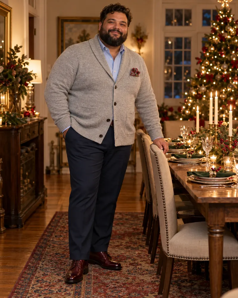 Gray Shawl Collar Cardigan with Light Blue Dress Shirt, Navy Trousers, and Burgundy Leather Shoes