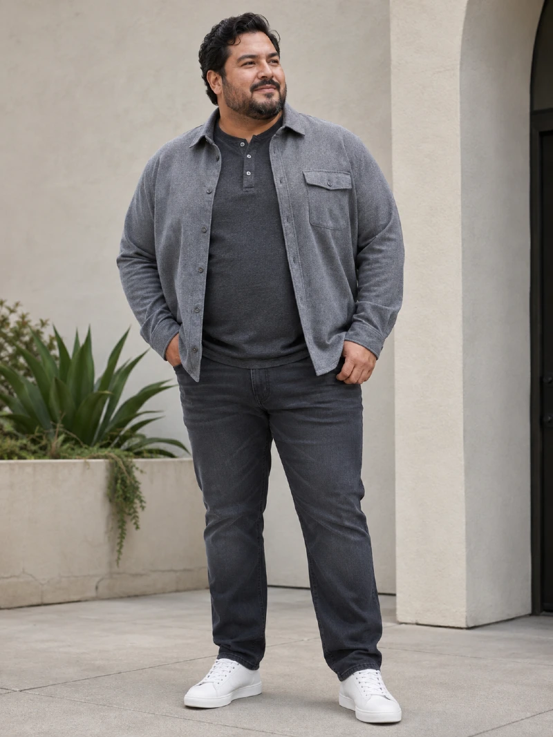 Gray Shirt Jacket with Charcoal Henley and Jeans