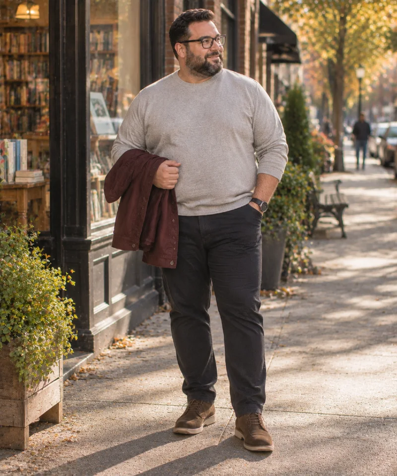 Gray Sweater with Burgundy Overshirt, Black Pants, and Brown Boots