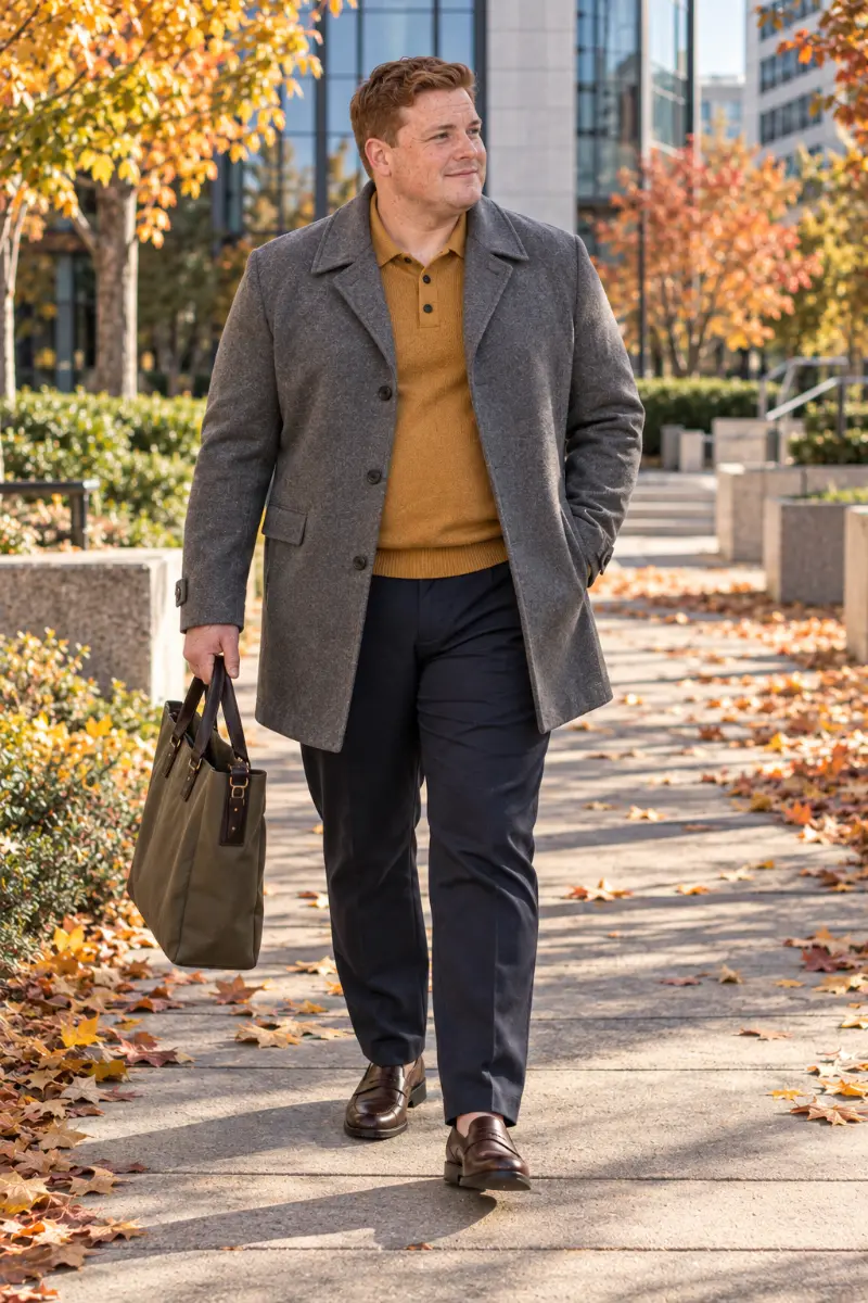 Gray Topcoat With Mustard Polo and Navy Trousers