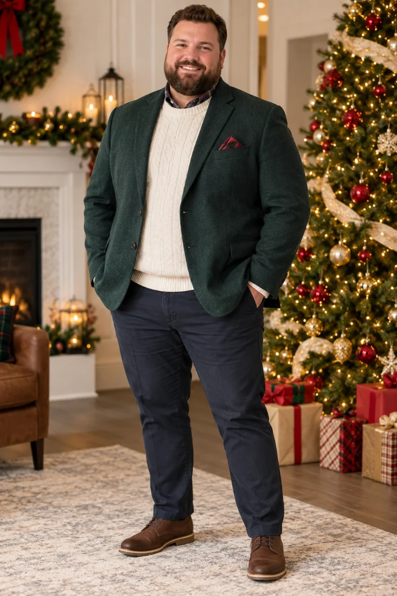 Green Blazer, Cable-Knit Sweater, and Navy Trousers