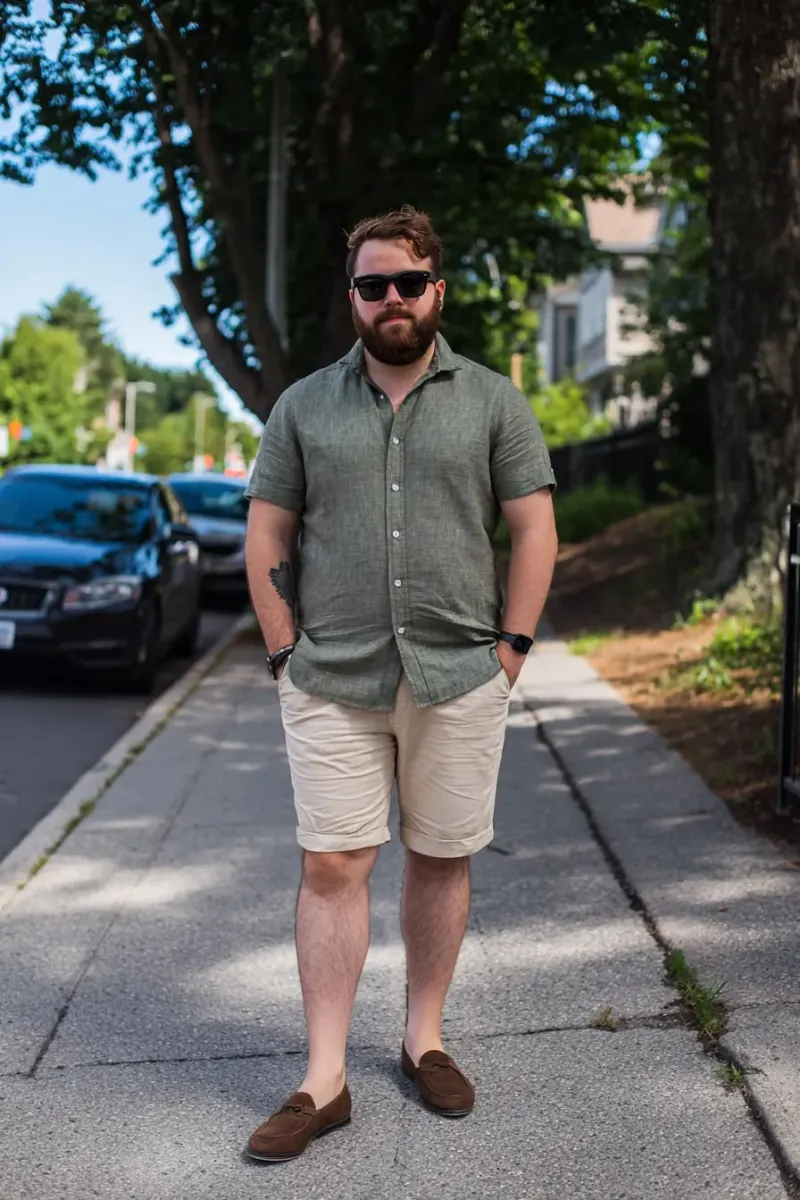 Green Button-Up and Khaki Shorts