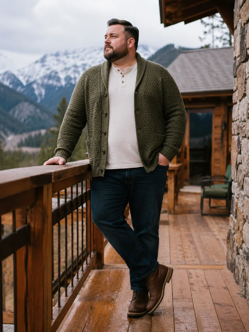 Green Cardigan, Henley Shirt, and Dark Jeans