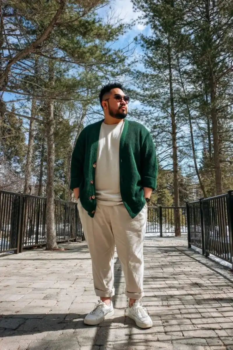 Green Cardigan, White T-Shirt, and Beige Pants