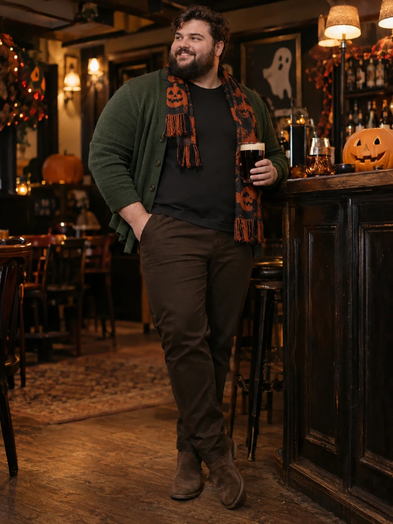 Green Cardigan With Halloween Scarf and Dark Basics