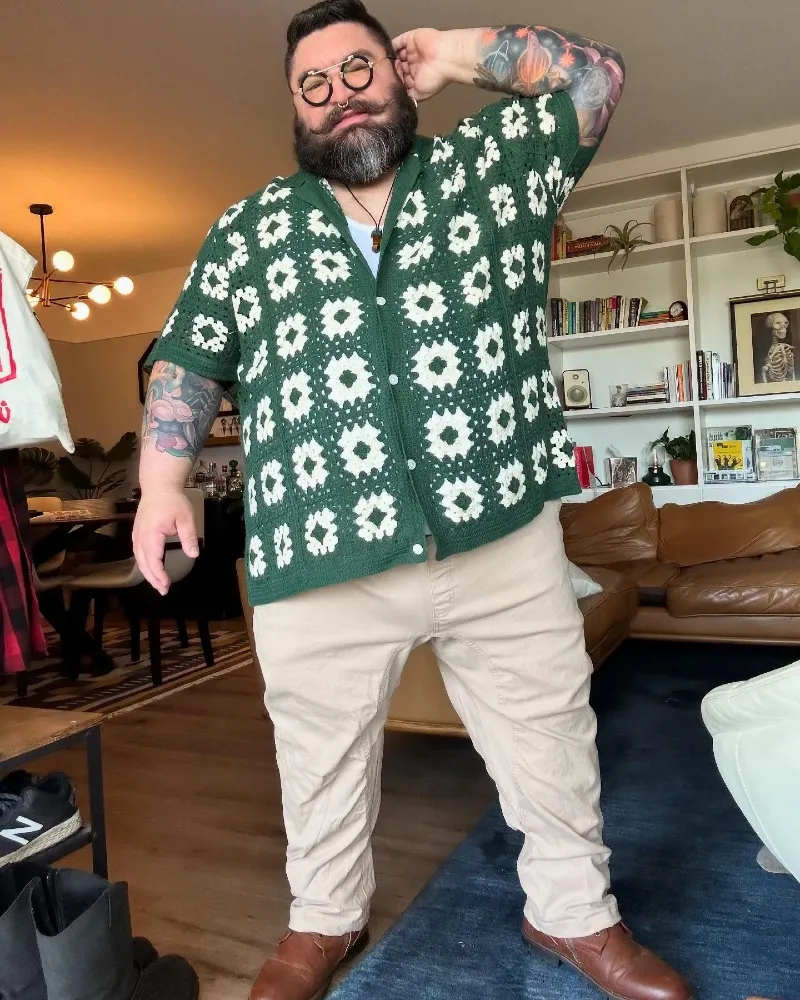 Green Crochet Pattern Shirt with Off-White Pants
