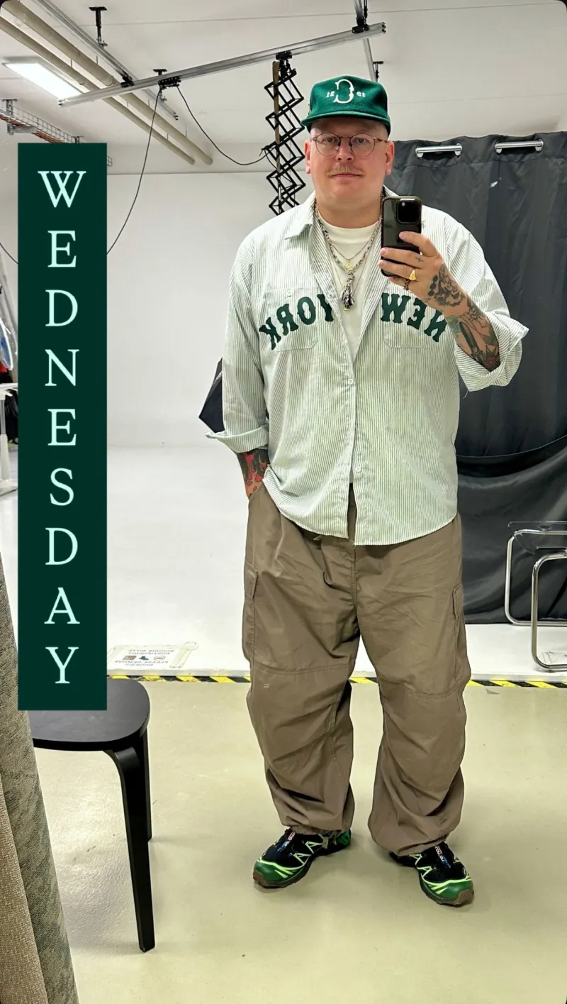 Green Graphic Button-Down with Baggy Brown Cargos