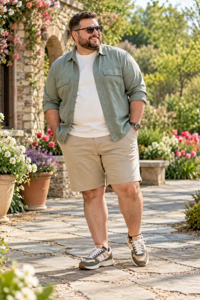 Green Overshirt With Khaki Shorts And Retro Sneakers