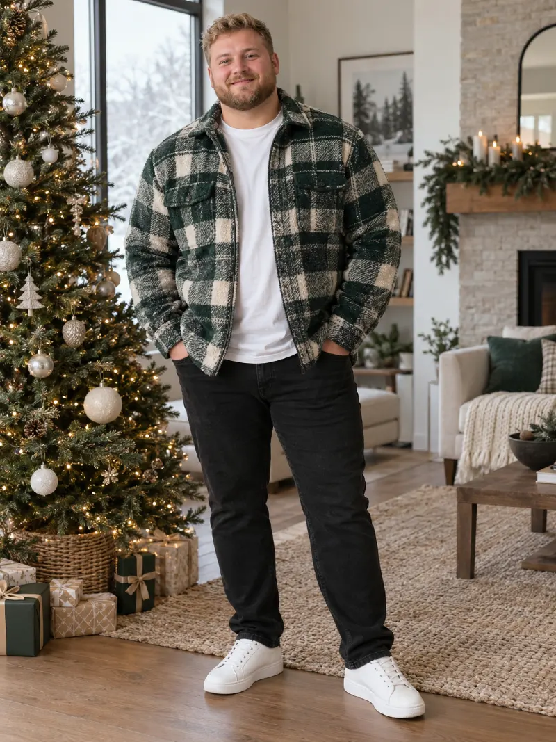 Green Plaid Fleece Shirt Jacket with White Tee