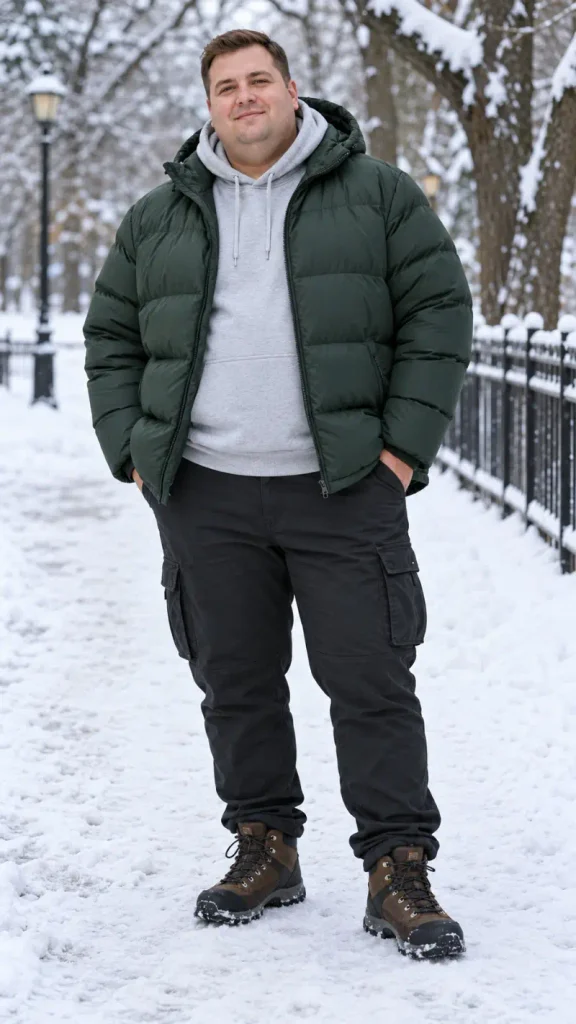 Green Puffer Jacket and Grey Hoodie