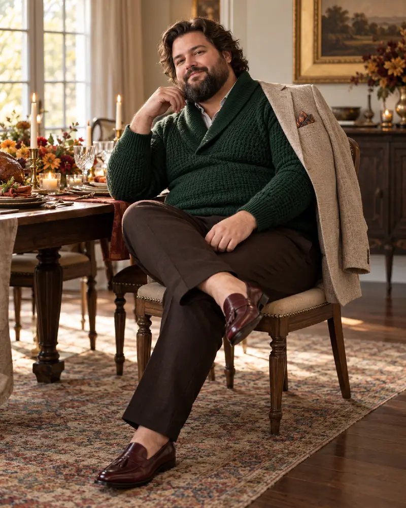 Green Shawl Collar Knit with Draped Tan Blazer