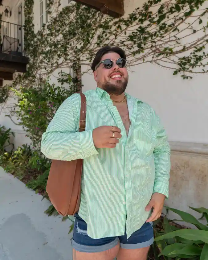 Green Striped Button-Down and Denim Shorts