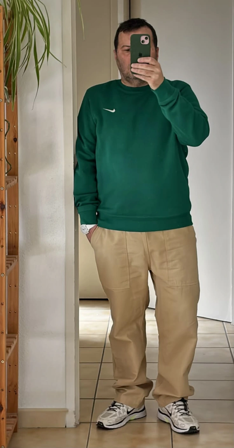 Green Sweatshirt and Tan Pants Outfit