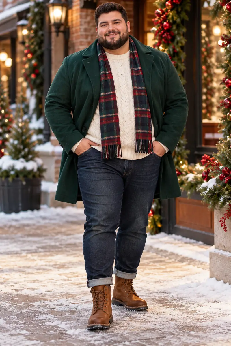 Green Velvet Blazer, Black Crewneck Shirt, Dark Jeans, and Leather Dress Boots