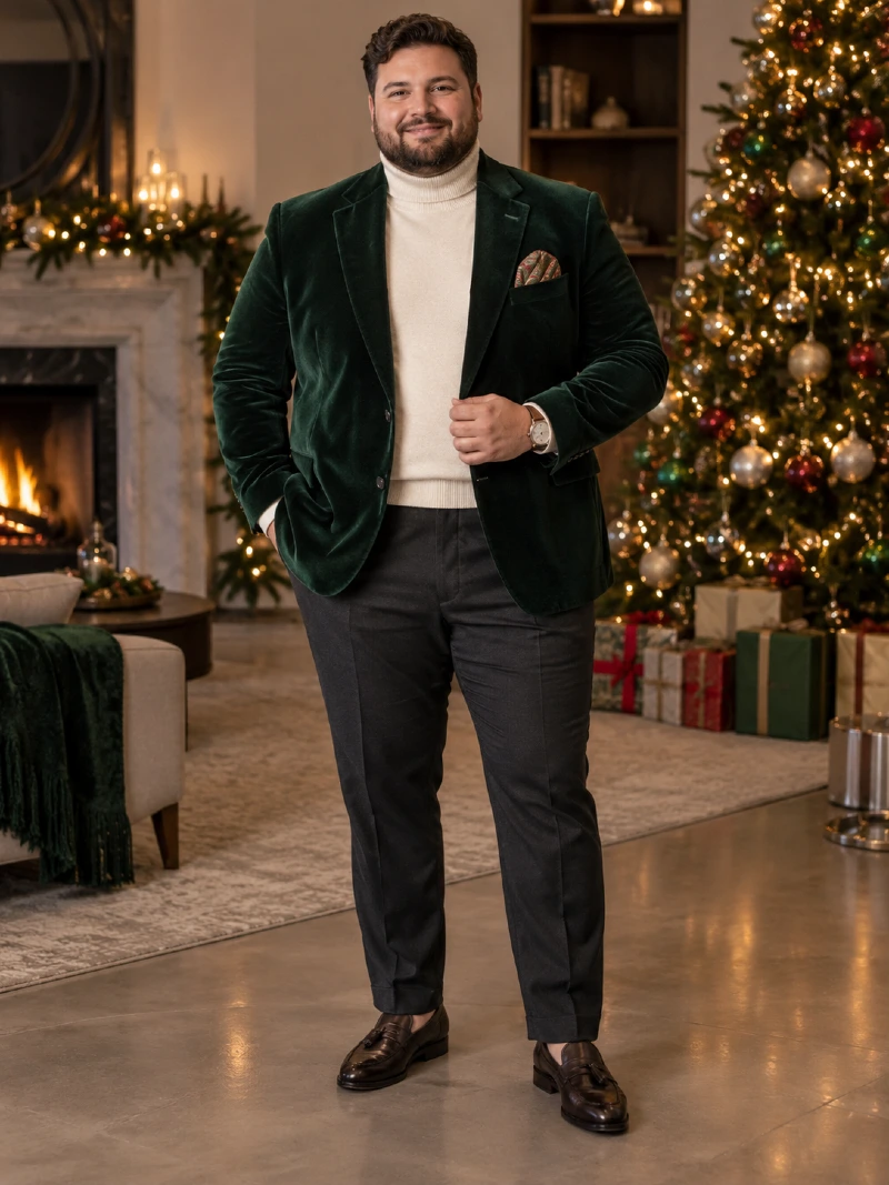 Green Velvet Blazer, Turtleneck, and Charcoal Trousers