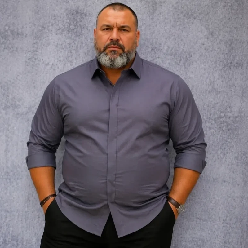Grey Button-Down Shirt and Black Trousers