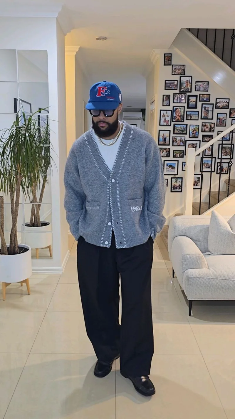 Grey Cardigan and Black Trousers
