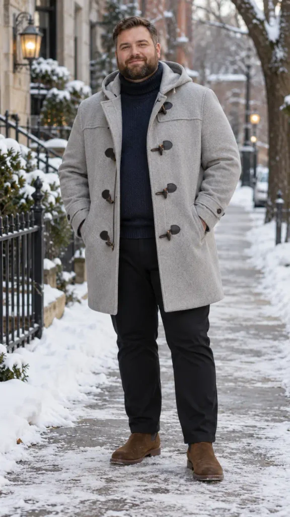 Grey Duffle Coat and Navy Turtleneck