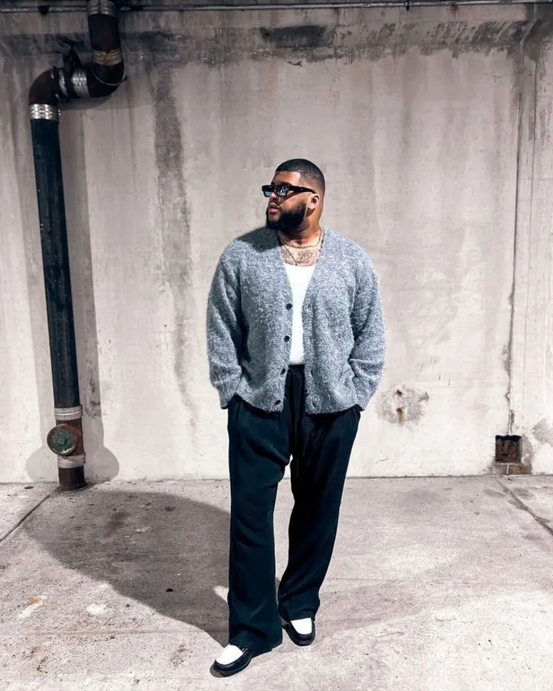 Grey Knit Cardigan, White Tank Top, and Black Trousers