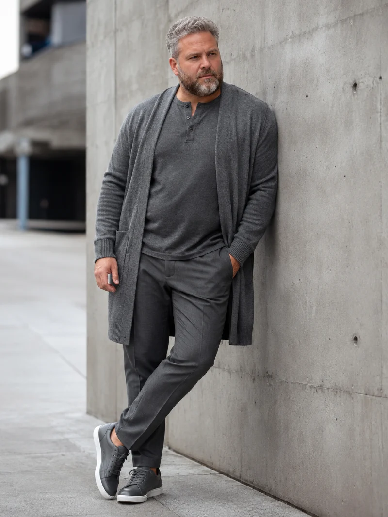 Grey Long Cardigan, Henley Shirt, and Trousers