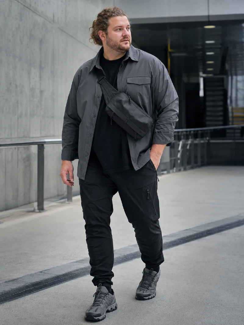 Grey Long Sleeve Button-Down Shirt and Black T-Shirt with Jogger Cargo Pants