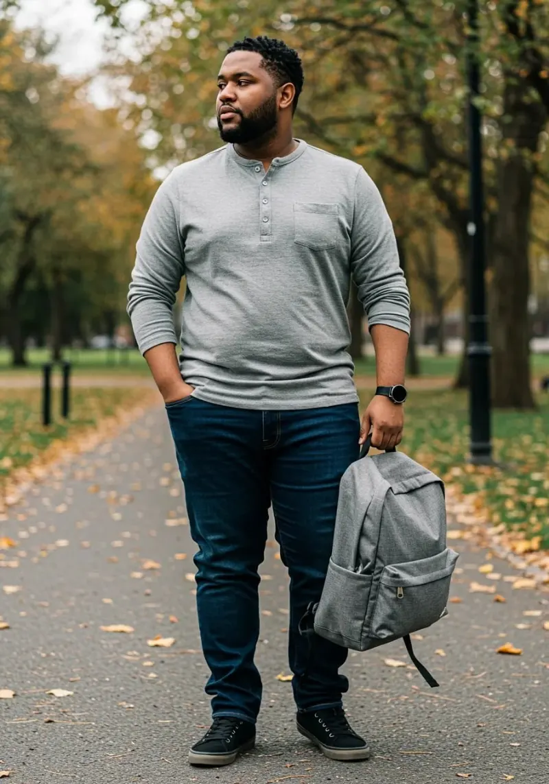 Grey Long-Sleeve Henley Shirt, Dark Blue Jeans, Black Sneakers, and Backpack