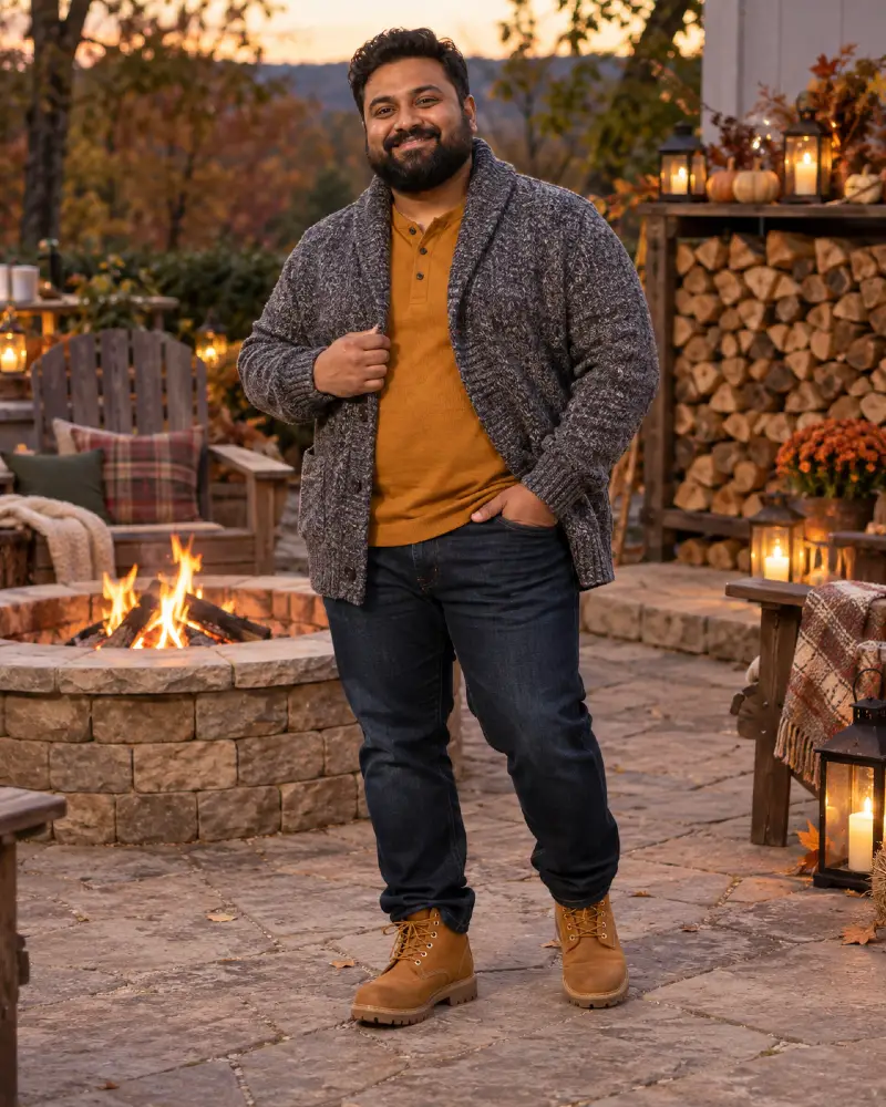 Grey Marled Cardigan and Mustard Henley
